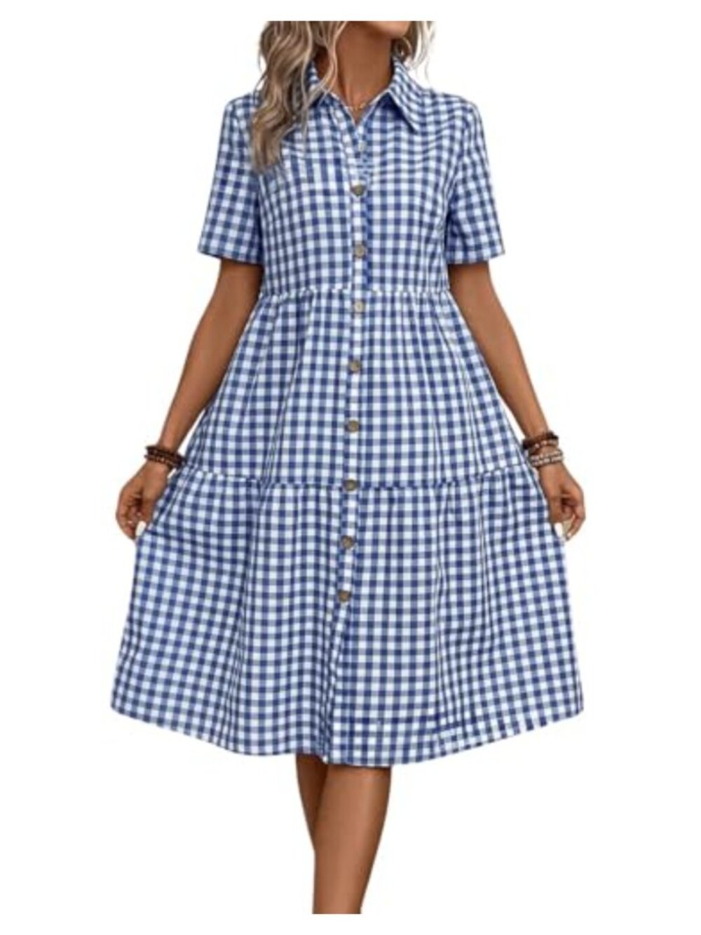 Women's Plaid Short Sleeve Button Down Shirt Dress A-Line Midi with Pockets